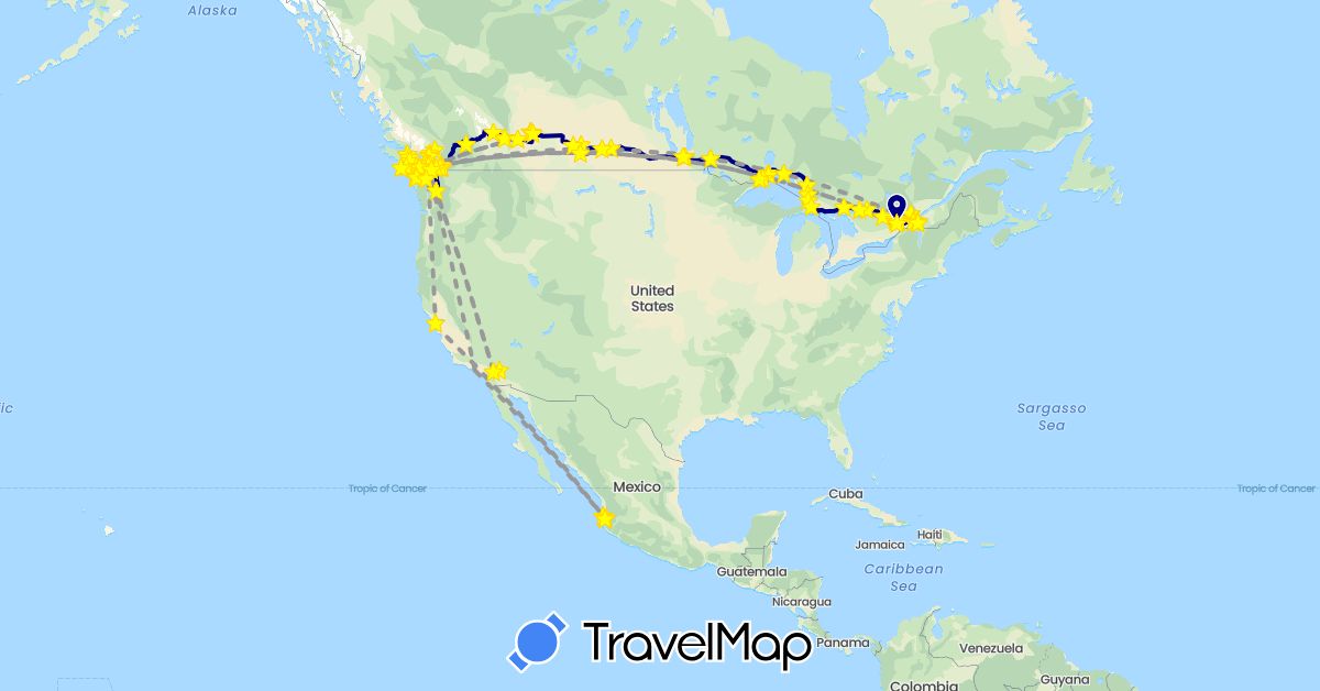 TravelMap itinerary: driving, bus, plane, train, hiking, boat, taxi/uber, walking, golf cart, atv, kayak/canoe in Canada, Mexico, United States (North America)